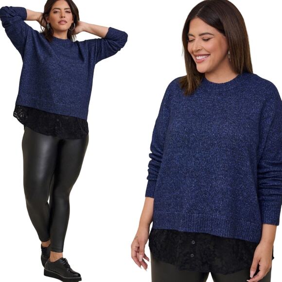Torrid Vegan Cashmere Pullover Sweater Lace Trim Layered Crewneck Blue Black 3X - Picture 2 of 10